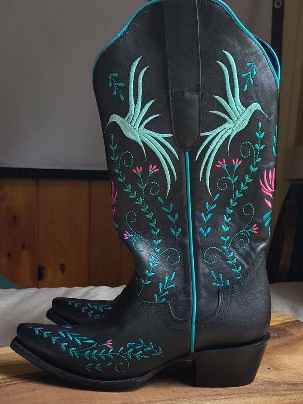 J.B. Dillon Black Western Leather Boots with Turquoise & Pink Embroidery 🩵NEW 8 - Picture 14 of 14